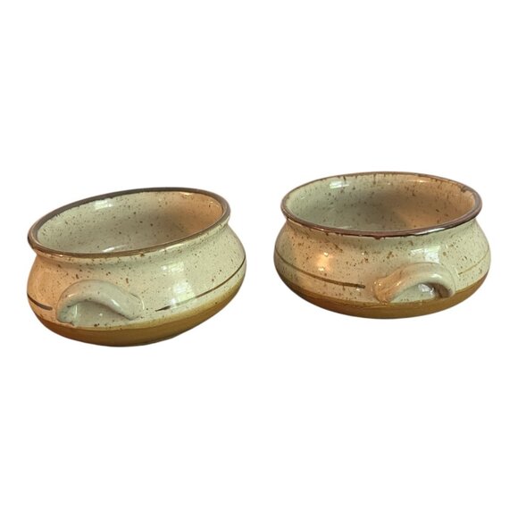 Vtg Stoneware Pottery Soup Bowls 4.5" Dia X 2.5" Tall Set Of 2 Speckled Handles - Picture 3 of 8